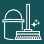 White cleaning icon showing a bucket and mop with sparkle accents on a green background.