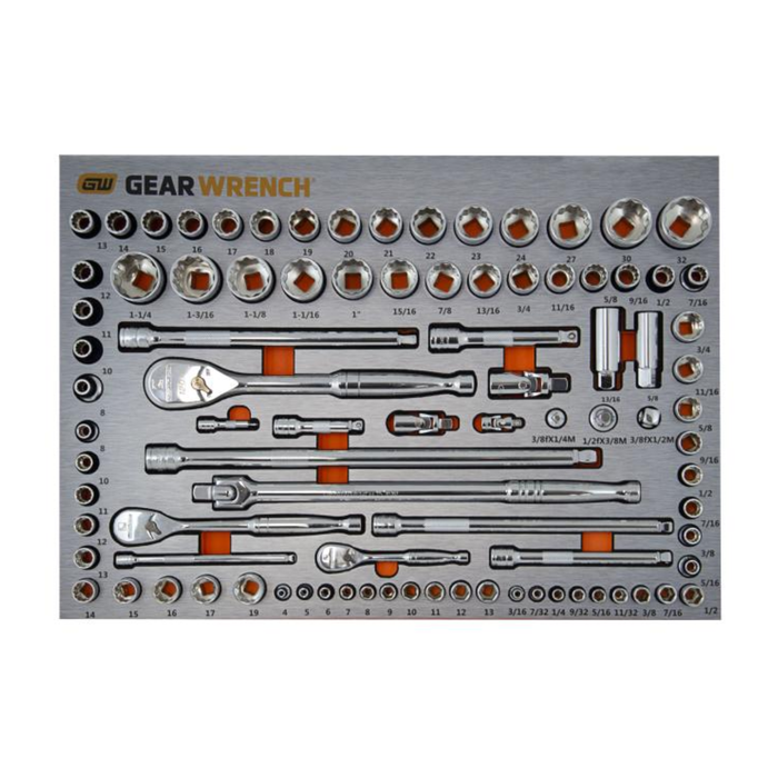GEARWRENCH 90 Piece 1/2”, 3/8” & 1/2” Drive Metric & SAE Socket Set in EVA Tray