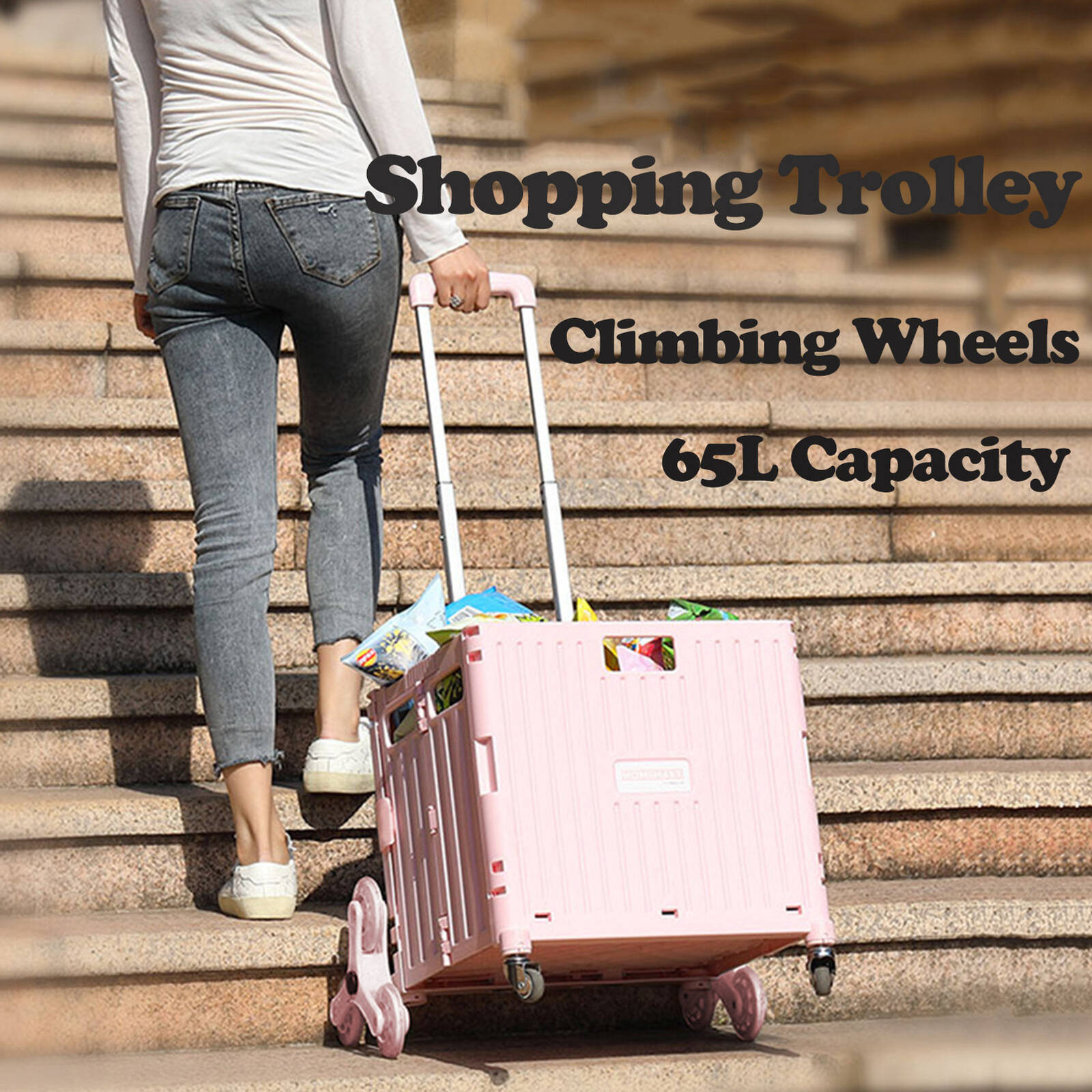 Viviendo 65L Foldable Shopping Trolley Cart Portable Grocery Basket Climbing Wheel with Top Cover Pink Bunnings Australia