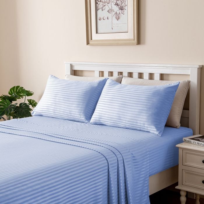 LINENOVA 1800TC Striped Microfibre Sheet Set-Light Blue King