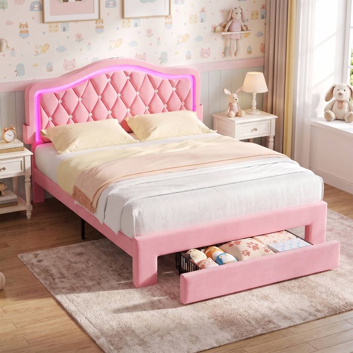Advwin LED Velvet Bed Frame with Adjustable Headboard and Storage Drawer Double Pink