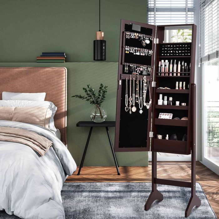 Costway Mirror Jewellery Cabinet Wooden Jewelry Organiser Box Makeup Cosmetics Storage  Brown