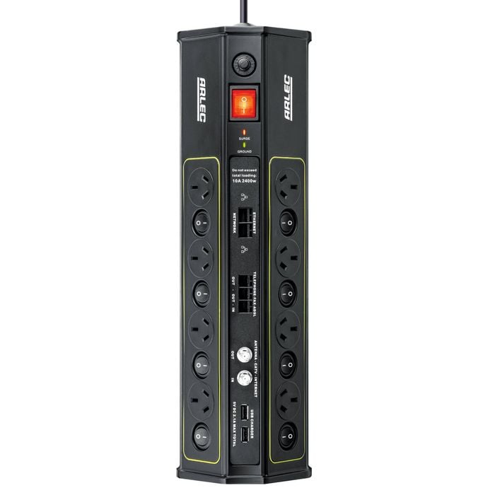 Arlec 8 Outlet 2 x USB Coax Surge Protect Powerboard
