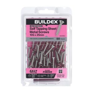 Buildex 10G x 25mm SS316 Self Tapping Sheet Metal Screws - 50 Pack