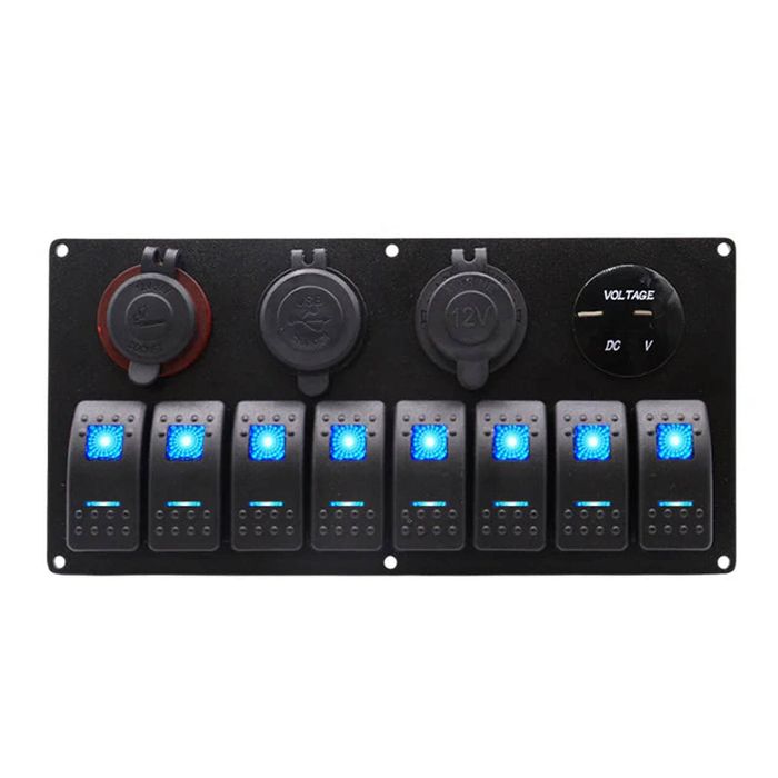 Exotronic 12/24V 8x LED Rocker, Voltmeter, Dual Accessory/Cigarette, Dual USB Socket Marine Switch Panel