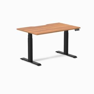 Desky Dual Prime Oak Scalloped Melamine Sit Stand Desk 180x75cm Matte Black Frame Leg