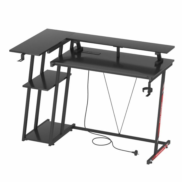 Advwin L Shaped Gaming Desk with LED Lights & Power Outlets Reversible Storage Shelf 120cm Computer Desk Black