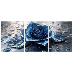 3pcs Blue roses with silver raindrops Print 100% Australian Made 3 x 40x60cm (Metal Print)