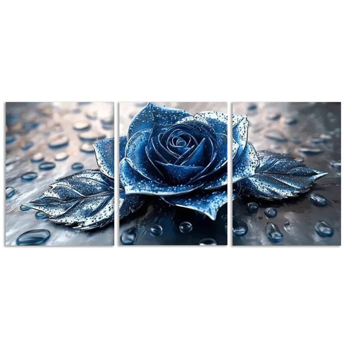 3pcs Blue roses with silver raindrops Print 100% Australian Made 3 x 40x60cm (Metal Print)