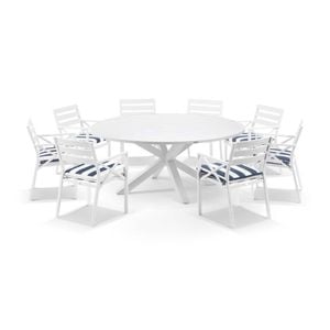 Houston Outdoor 1.8m Round Aluminium Dining Setting White With 8 Kansas Chairs & Navy Stripe Cushions