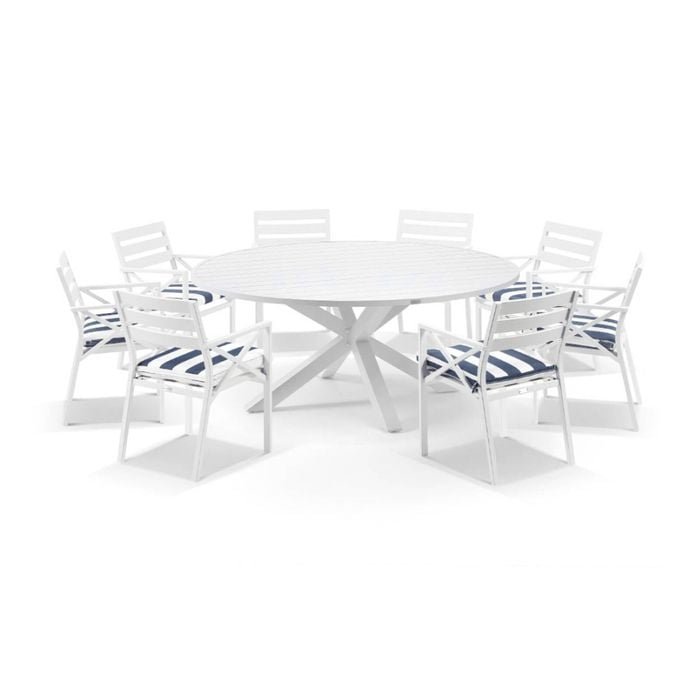 Houston Outdoor 1.8m Round Aluminium Dining Setting White With 8 Kansas Chairs & Navy Stripe Cushions