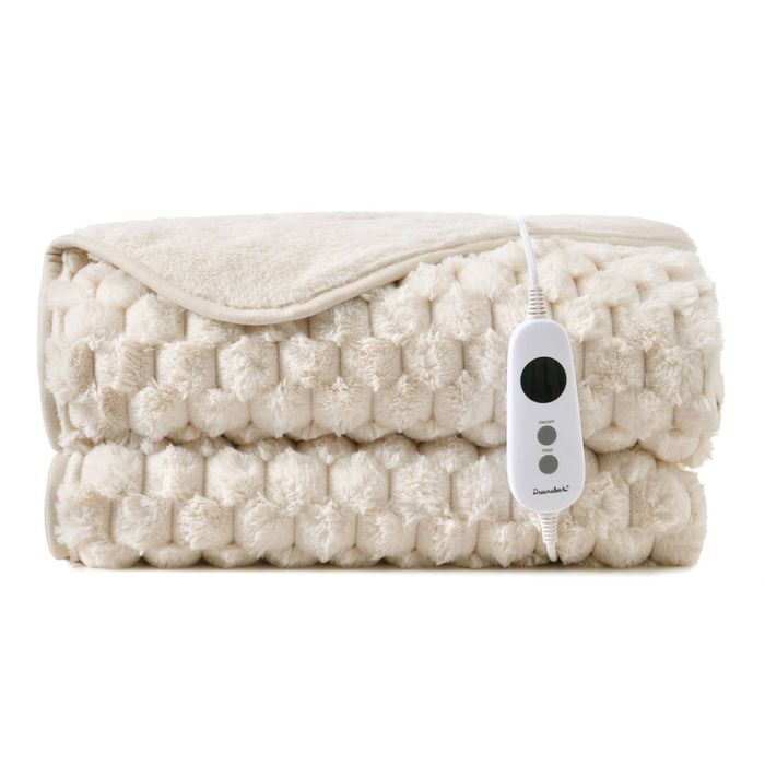 Dreamaker Emmett Premium Textured Faux Fur Electric Heated Throw Blanket Cream 180x200cm | Overheat Protection & Washable