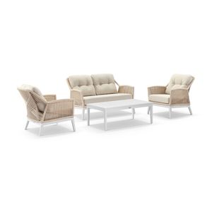 Hugo 2+1+1 Seater Outdoor Aluminium/Rope Lounge Set White With Coffee Table & Cream Rope/Cream Cushions