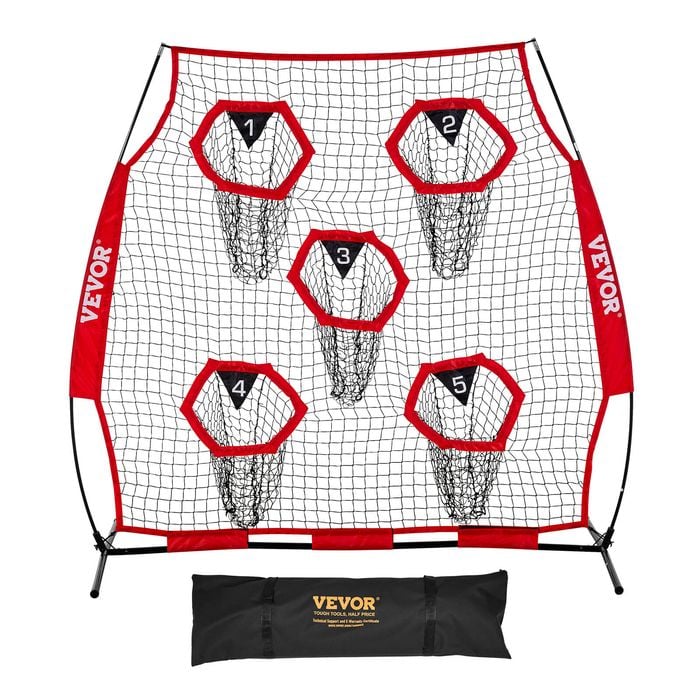 VEVOR 1828.8x1828.8mm Football Trainer Throwing Net Red with 5 Target Pockets for Player