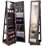 Costway Rotating Lockable Jewelry Cabinet Armoire w/Full-Length Mirror Brown