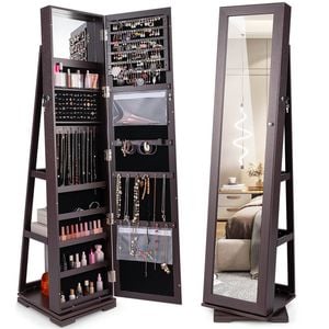 Costway Rotating Jewelry Cabinet Armoire W/full-length Mirror Brown
