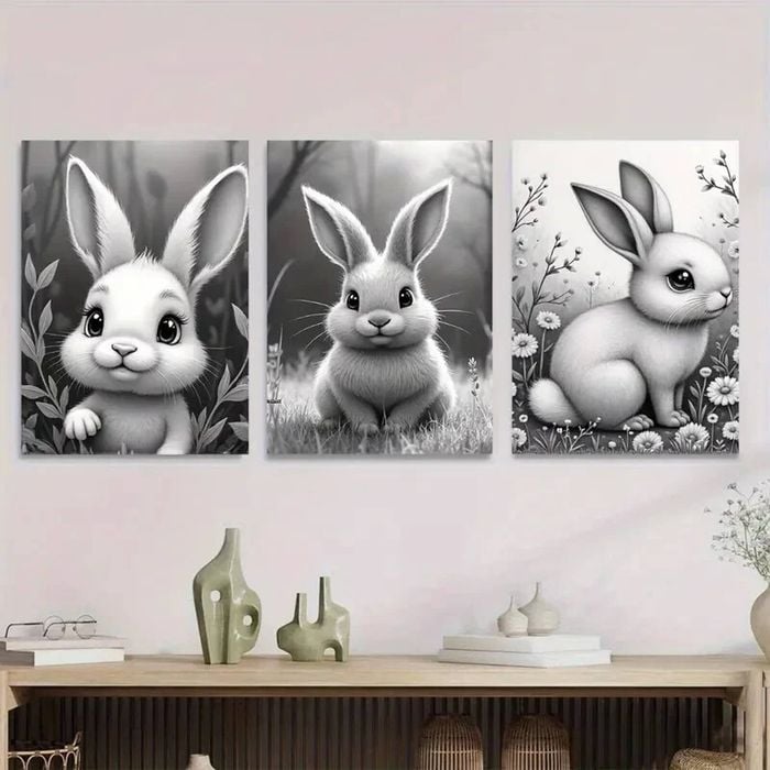 3pcs Black & White Rabbit Modern & Classic Style Print 100% Australian Made 3 x 40x60cm (Metal Print)