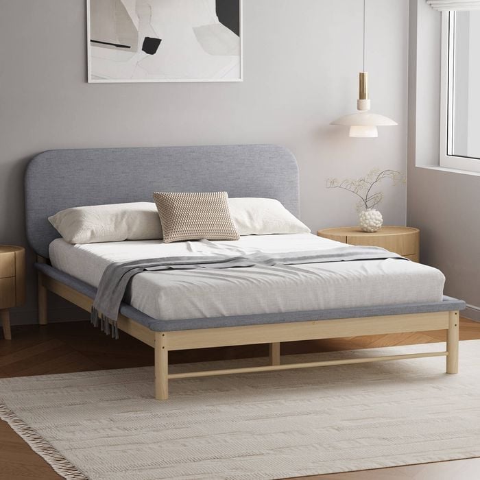 Oikiture Wooden Bed Frame Pine Padded Fabric Edges (Queen)