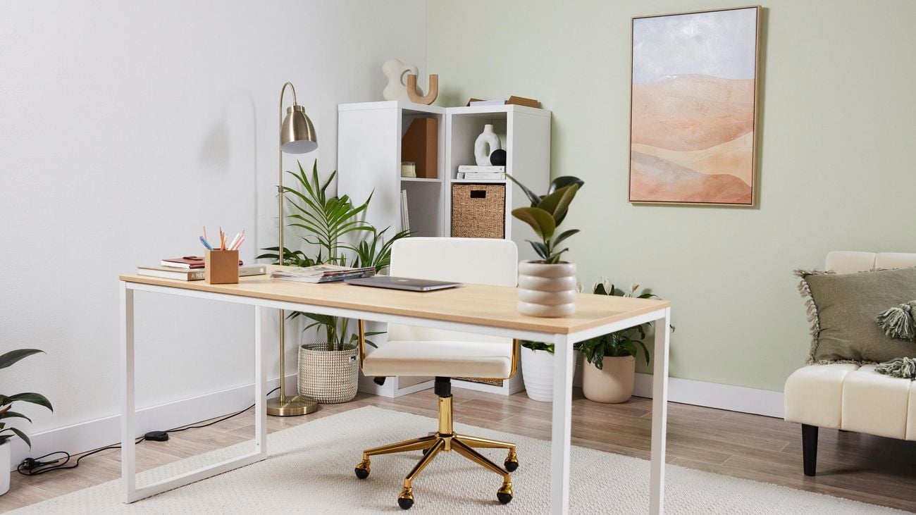 Pale green feature wall in a calming home office, including potted plants and a cube storage unit.