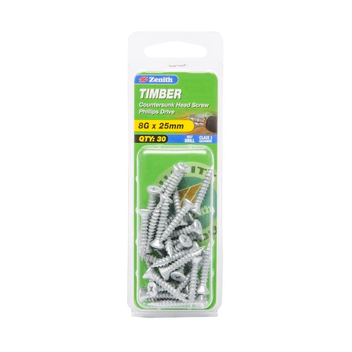 Zenith 8G x 25mm Galvanised Countersunk Head Timber Screws - 30 Pack