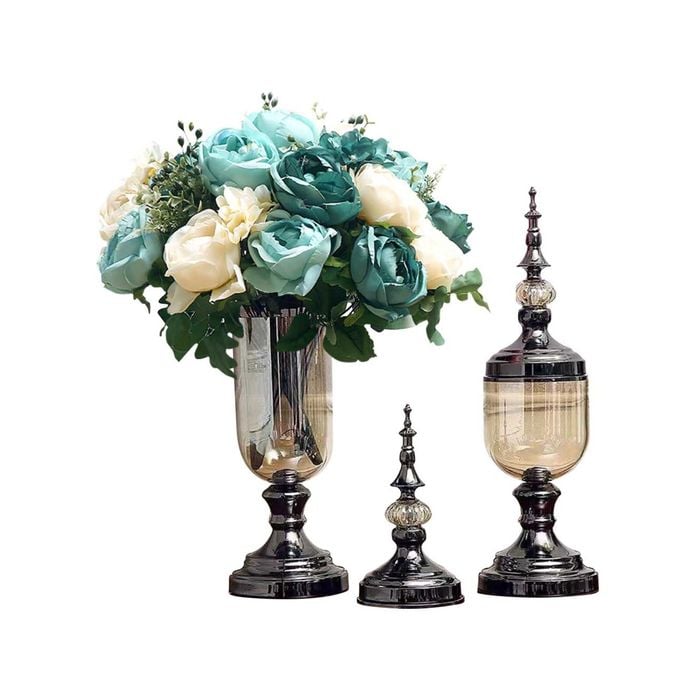 Soga 2x Clear Glass Flower Vase With Lid Blue Set