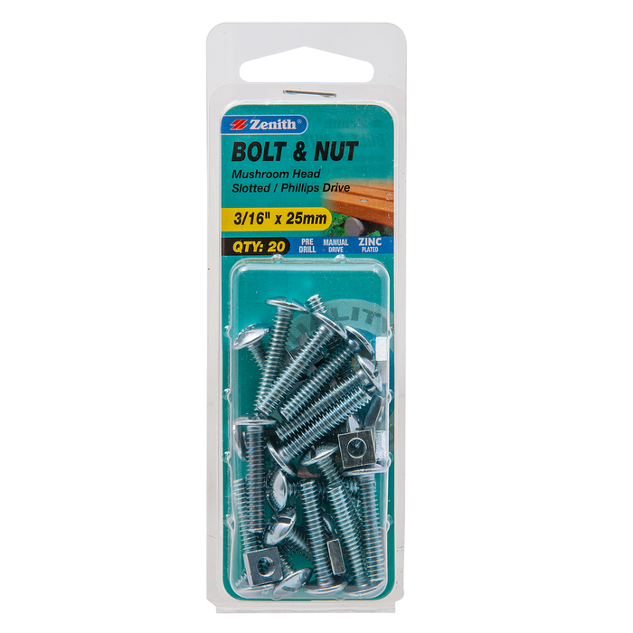 Zenith 3/16" x 25mm Zinc Plated Mushroom Head Bolt And Nut - 20 Pack