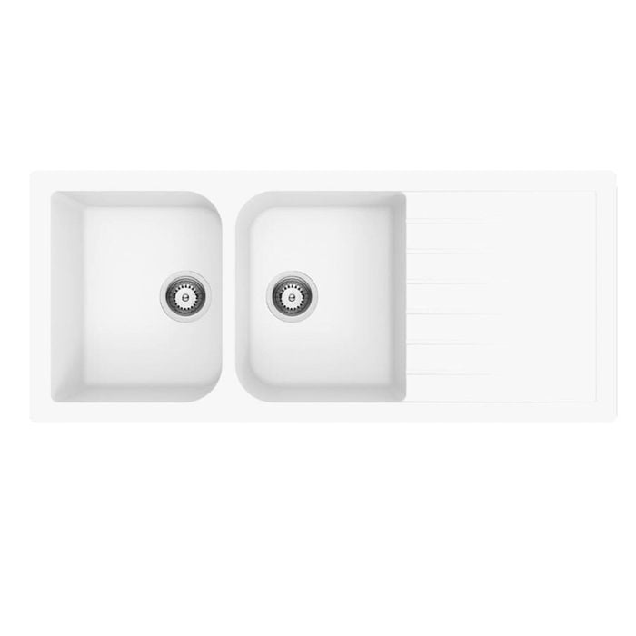 Amelie Deauville 1160mm Quartz Double Bowl Sink W Drainer White