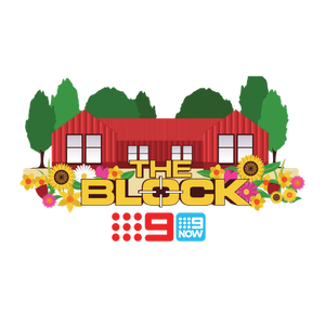 A red house with green trees behind it, the words The Block written in yellow writing, the number 9 in red with dots next to it and the number 9, the word now and dots next to it in blue writing.