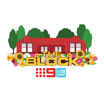 A red house with green trees behind it, the words The Block written in yellow writing, the number 9 in red with dots next to it and the number 9, the word now and dots next to it in blue writing.