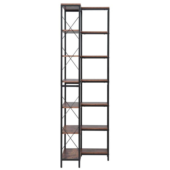 VEVOR 7 Tier Corner Bookshelf Brown L-Shaped with Metal Frame for Bedroom