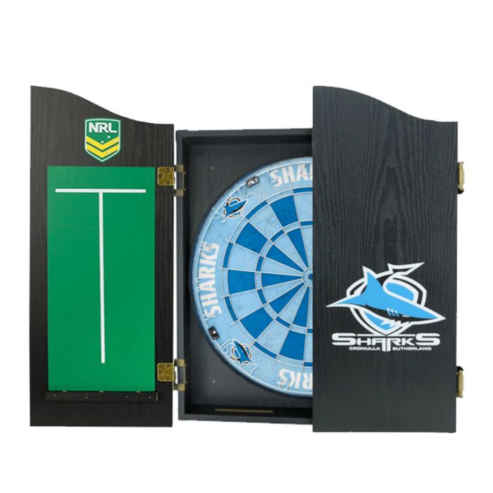 NRL Dartboard and Cabinet Set Cronulla Sharks Team Design Black Finish
