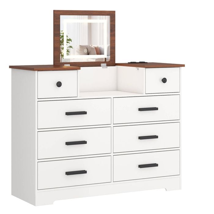 Advwin Dresser with Mirror Chest of 8 Drawers with LED Lights and Charging Station Dressing Table White