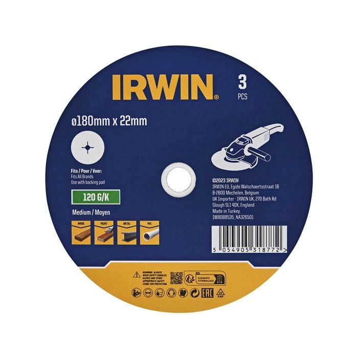 IRWIN 180mm 120 Grit Fibre Sanding Disc - 3 Pack