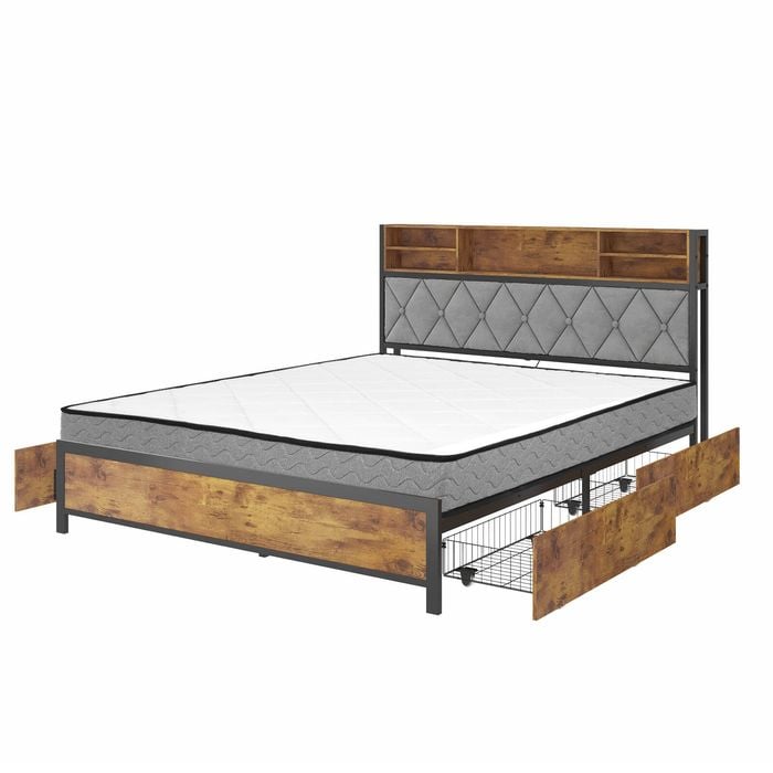 Advwin Double Size Bed Frame with Headboard & Charging Station & Drawersand Double Mattress 16cm White
