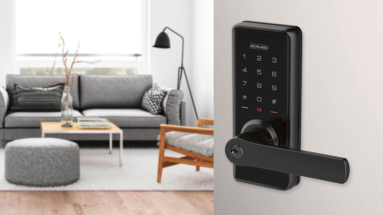 Close-up of a Schlage smart lock on a front door] 