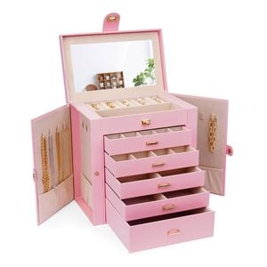CARLA HOME 6-Layer Large Jewelry Box for Women withDrawers, Mirror, Lock, Necklace Hooks & Side Compartments (Pink)