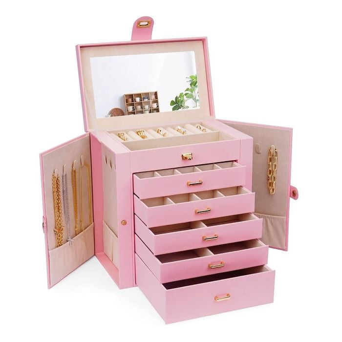 CARLA HOME 6-Layer Large Jewelry Box for Women withDrawers, Mirror, Lock, Necklace Hooks & Side Compartments (Pink)