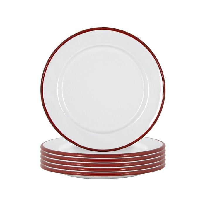 Argon Tableware 20cm Enamel Side Plates - Red Rim - Set Of 6 - 8inch Small Dish Plates Metal Enamel Tableware Dinner Set