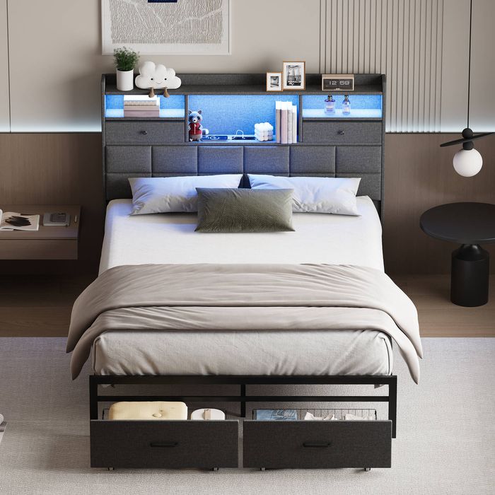 Advwin Queen Bed Frame with RGB LED and Charging Station Metal Platform Bed Frames with 2 Storage Drawers Grey
