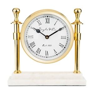 SS Collective Round Faced Column Desk/Table Clock W/ White Marble Base Gold
