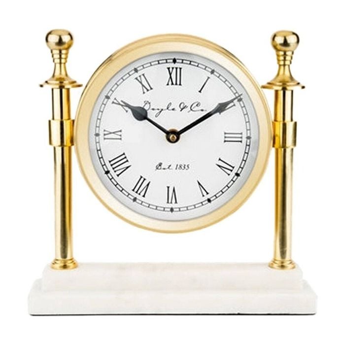 SS Collective Round Faced Column Desk/Table Clock W/ White Marble Base Gold
