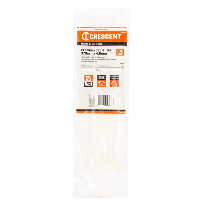 Crescent 370 x 4.8mm White Cable Ties - 100 Pack