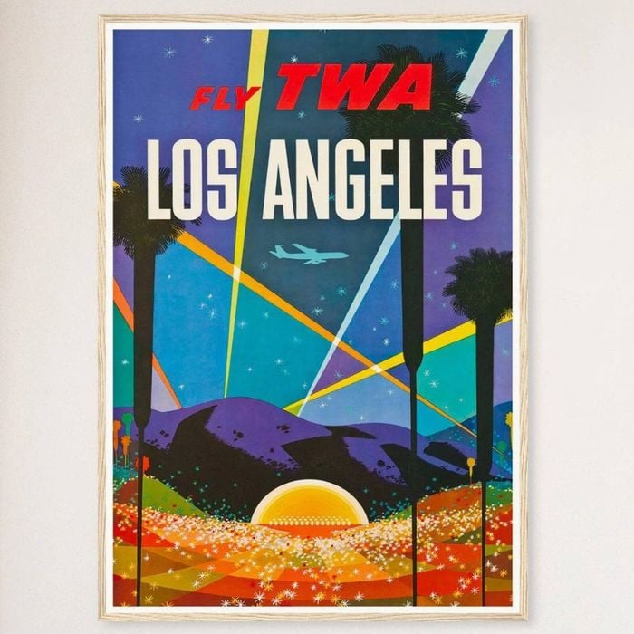 Galrie Vintage Los Angeles United States Airlines Travel Poster for Home Decor, Wood Frame, 50 x 70cm (20 x 28inch)