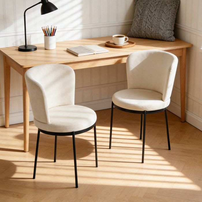 BRIBRION x2 Velvet Dining Chairs with Black Metal Legs Upholstered Wide Back for Kitchen Restaurant Beige