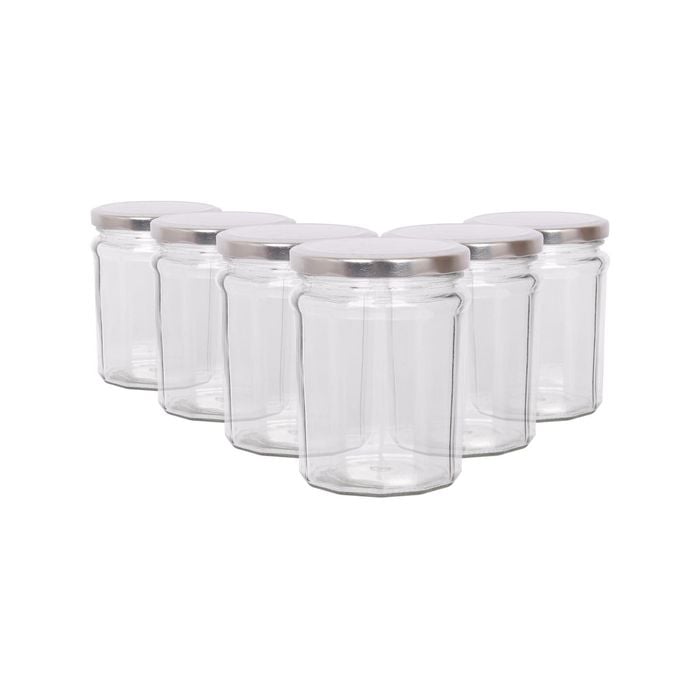Argon Tableware 380ml Glass Jam Jars With Airtight Silver Lids - Set Of 6 Empty Screw Top Kitchen Storage Preserving Jar