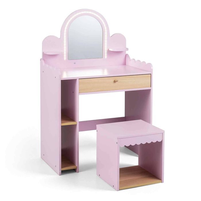 Costway Vanity Pretend Makeup Mirror Dressing Table Set-Pink