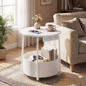 Advwin Side Table Sofa End Table w/ Charging Station Round Bedside Table w/ Basket White