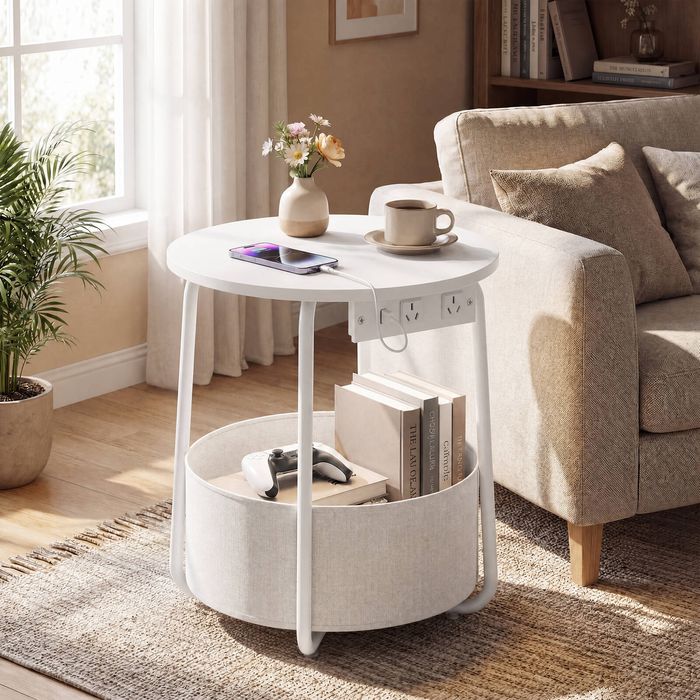 Advwin Side Table Sofa End Table w/ Charging Station Round Bedside Table w/ Basket White