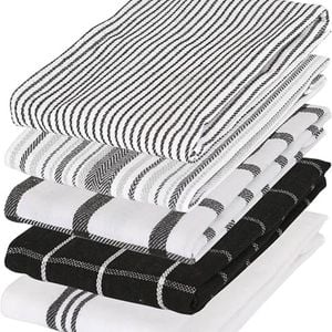 5pc Harbour Housewares Cotton Tea Towel Set Monochrome Striped 70cm X 50cm