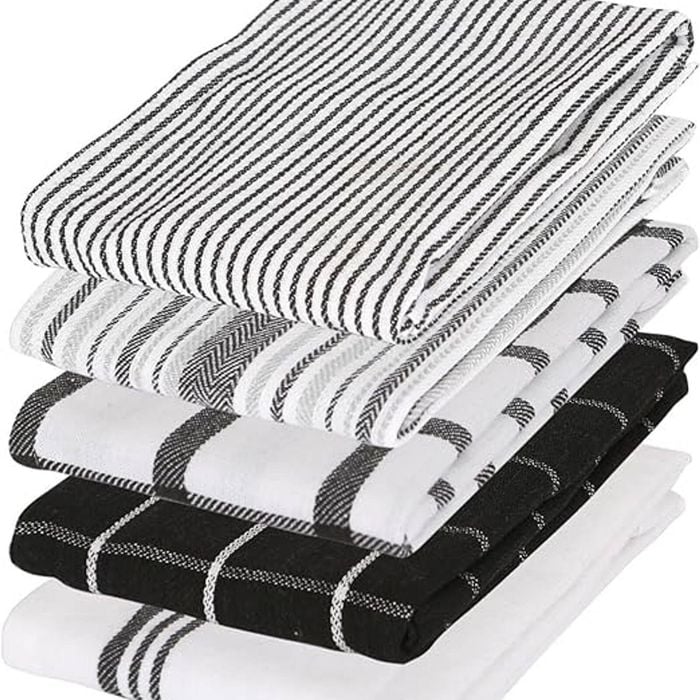 5pc Harbour Housewares Cotton Tea Towel Set Monochrome Striped 70cm X 50cm